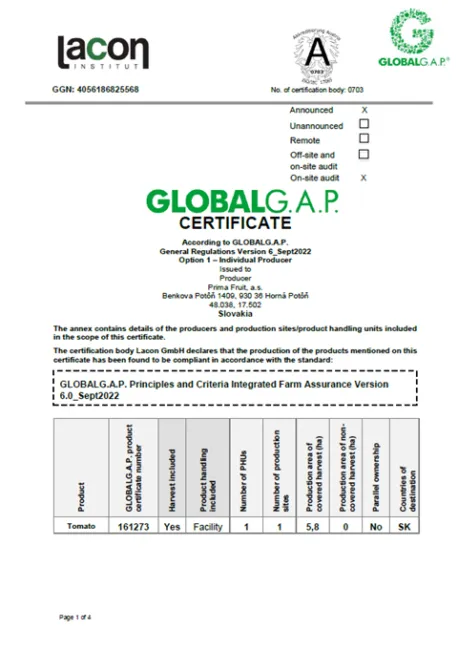 Global GAP Prima Fruit